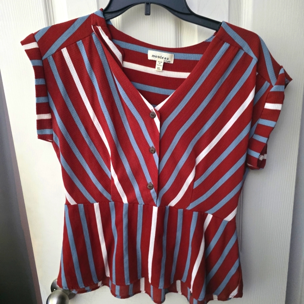 Monteau Red White and Blue Short Sleeved Blouse XL